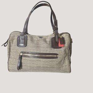 Coach Poppy Signature Handbag Satchel Oxford Khaki Mahogany Patent Leather Trim